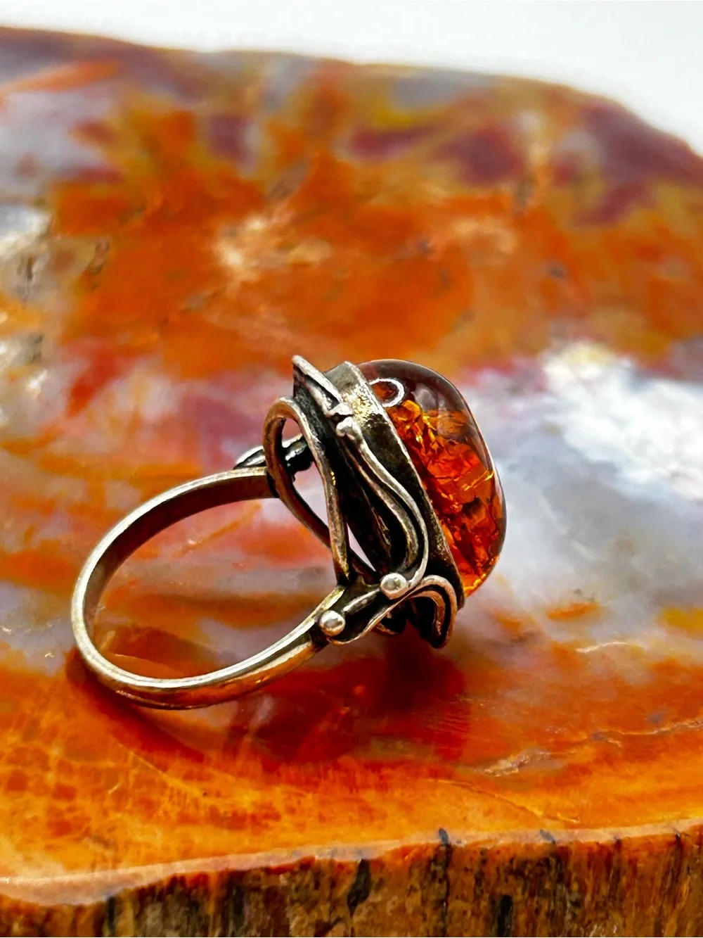 Vintage Sterling Silver Amber Ring - Size 6